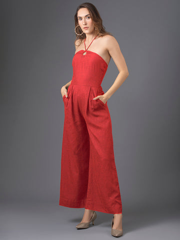 Aria Linen Jumpsuit - Rose Wood Red