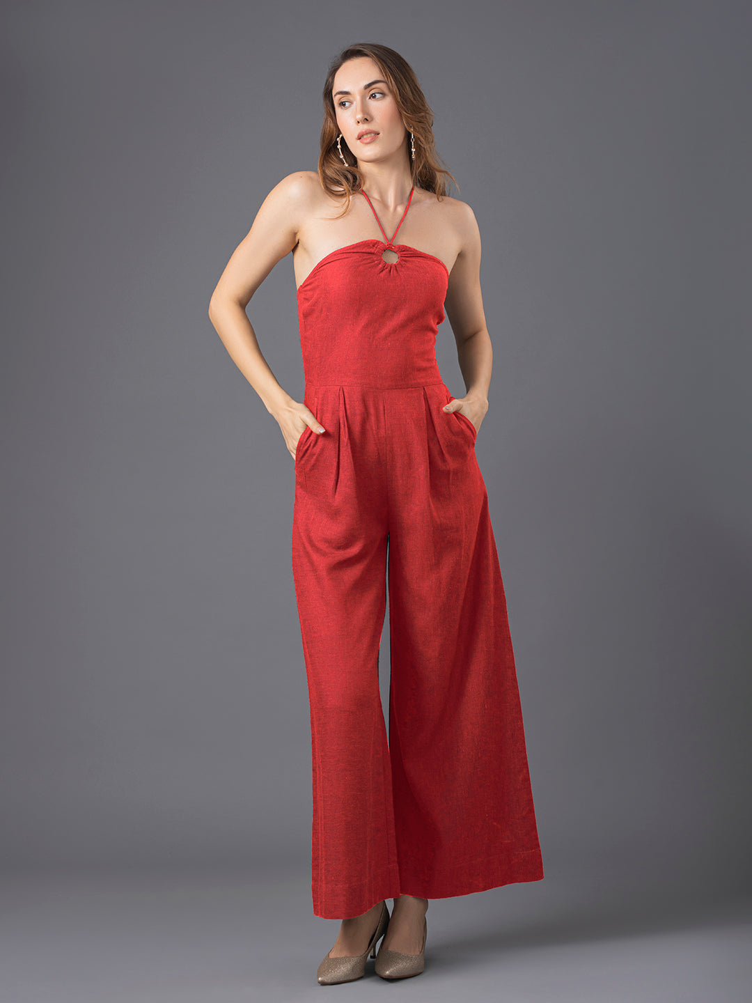 Aria Linen Jumpsuit - Rose Wood Red