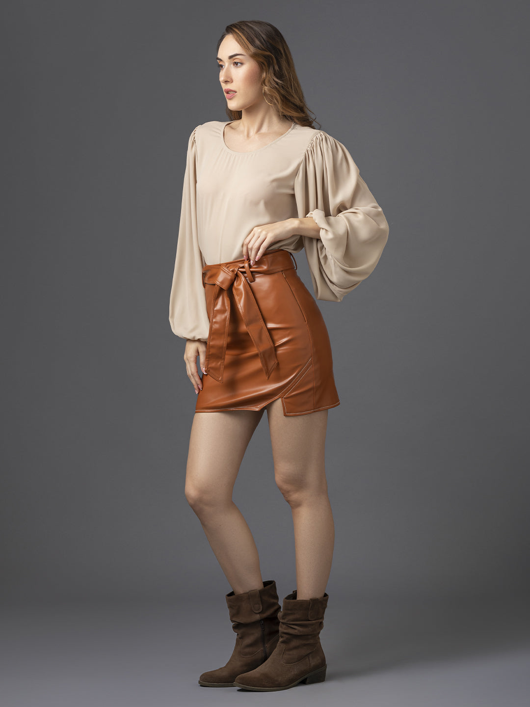 Faux Leather Skirt - Caramel