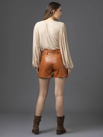 Faux Leather Shorts - Caramel